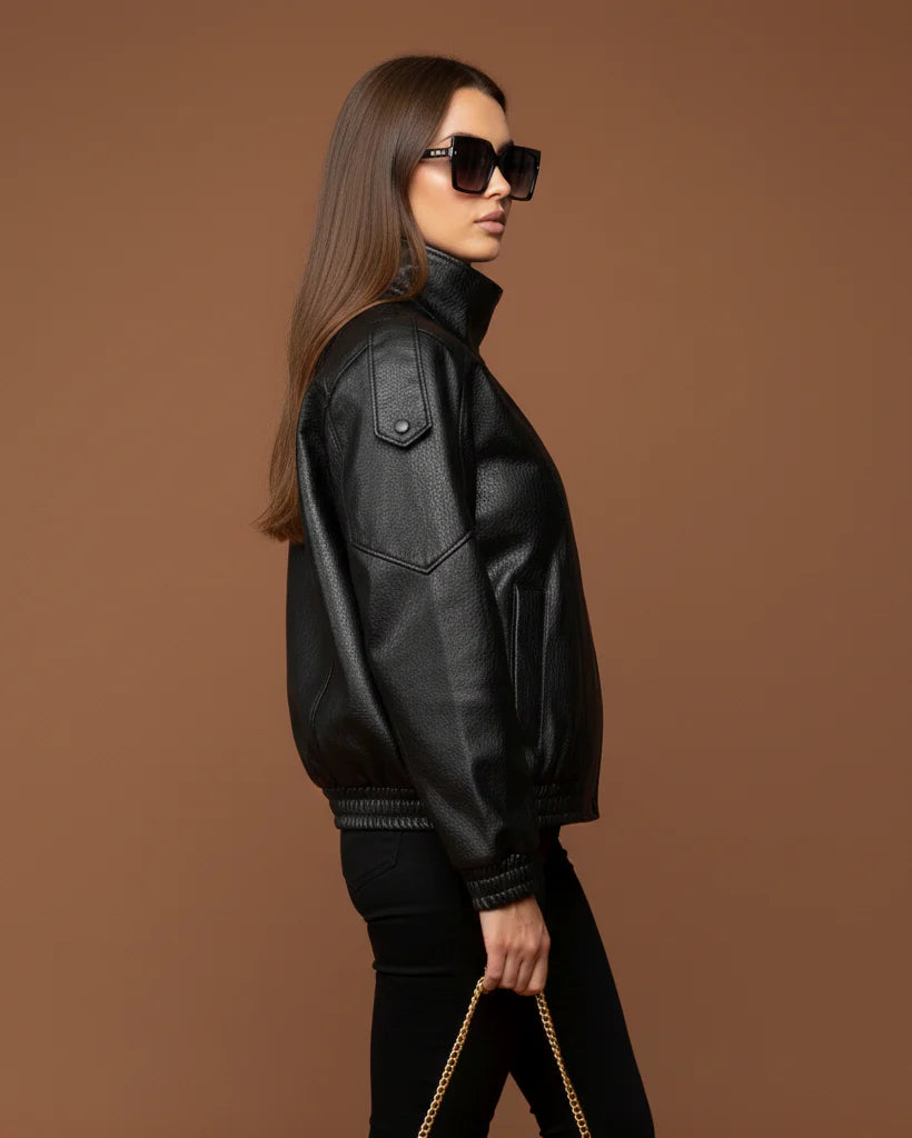 "Clara" Oversize Lederjacke mit Stehkragen