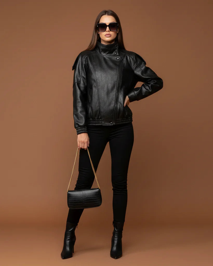 "Clara" Oversize Lederjacke mit Stehkragen